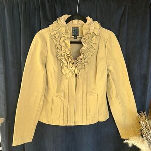 Tan Ruffles Dress Jacket Zip up Front Women’s Size Large Classic